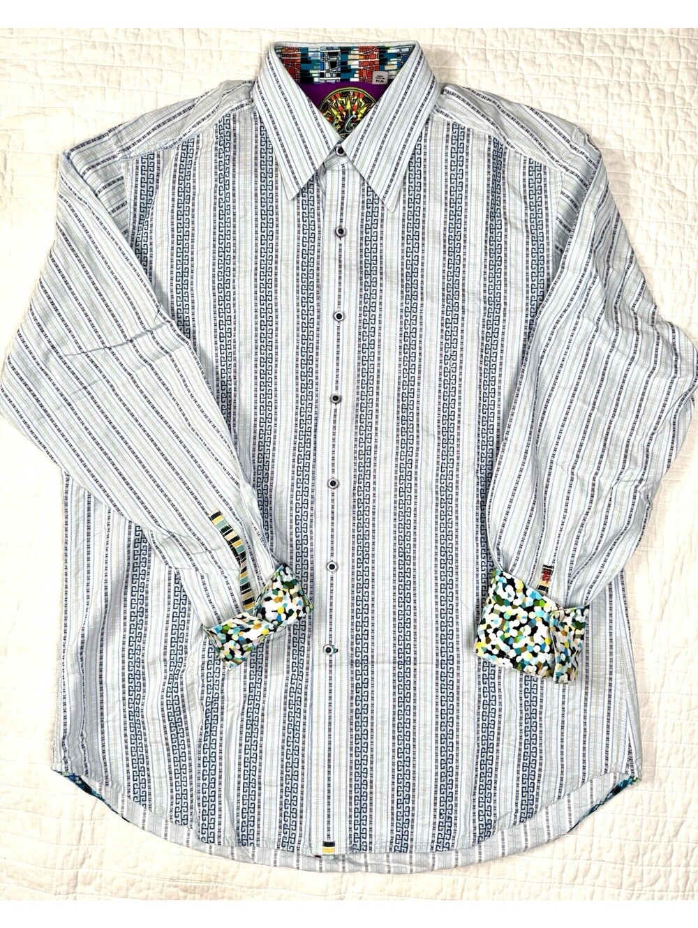 Robert Graham Men’s M Button Up Shirt Blue Geometric Stripe Flip Cuff Cotton